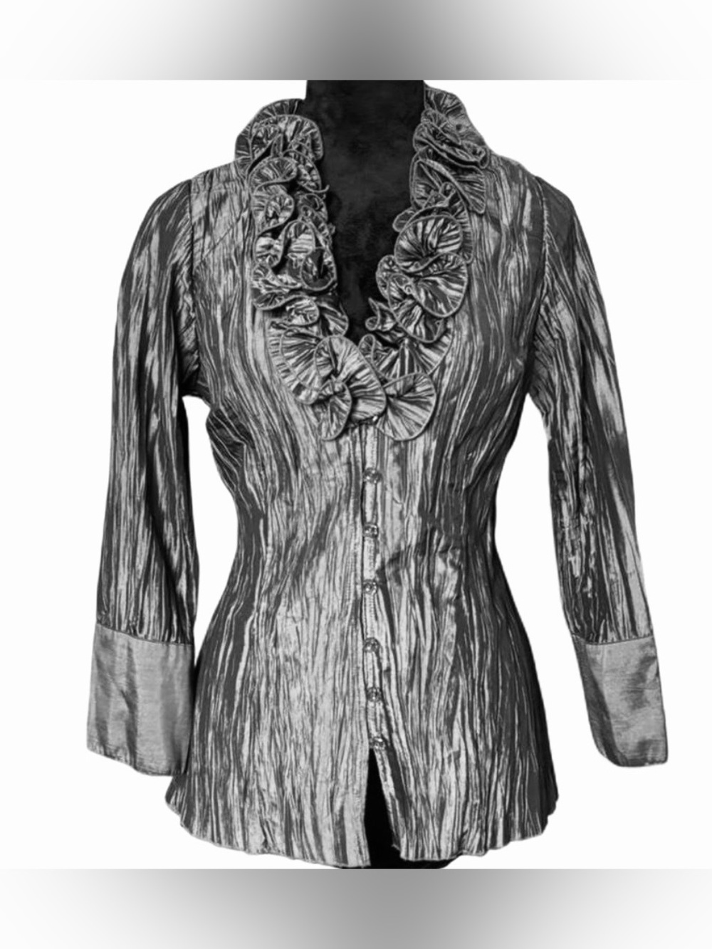 Herve Benard Chic Crinkle Ruffle Collar Blouse Jacket Top Metallic Gray XL HTF